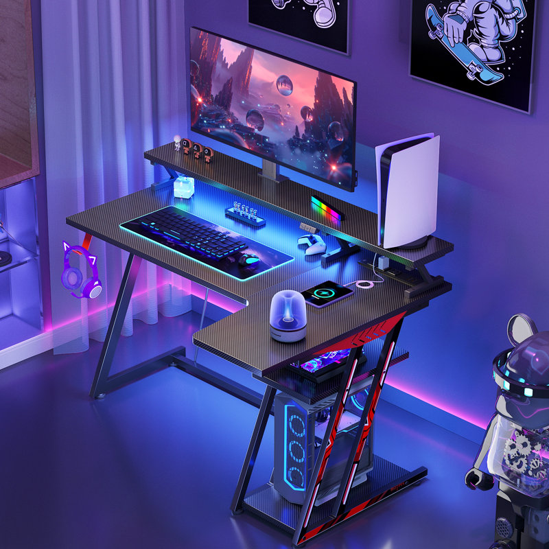 Inbox Zero L shaped Desk With Monitor Shelf Gaming Desk With Led Lights And A Versatile Hook Writing Desk With Recessed Power Outlets home Office Desk With Large Shelves corner Desk With Cpu Stand